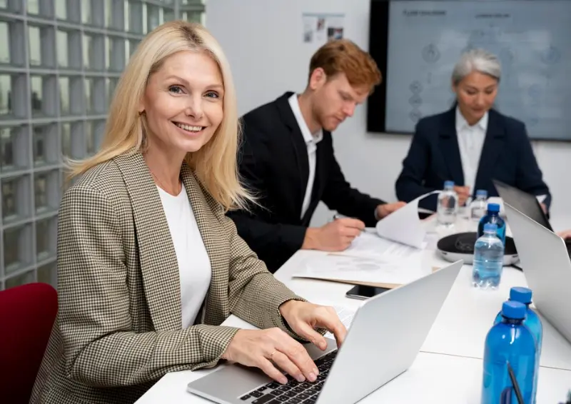 smiling manager at laptop Smiling manager adds her company to the directory while colleagues review plans, eager to connect with local customers